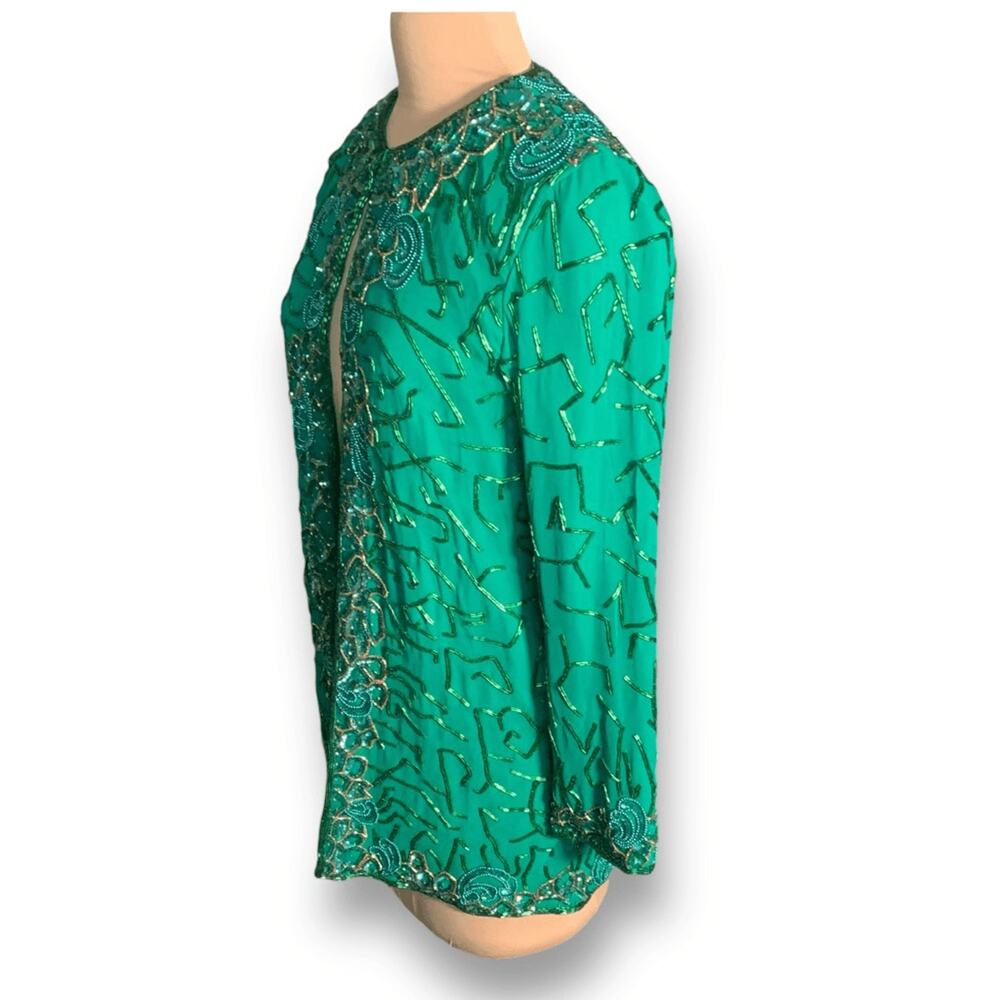 Vintage Razzle Dazzle Emerald Green Silk Beaded Open Front Evening Jacket - Picture 3 of 9